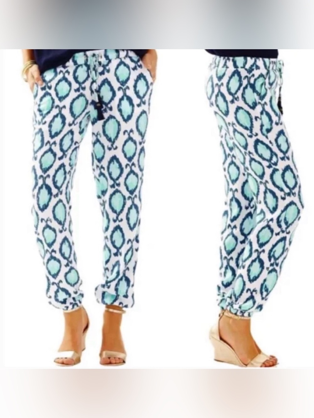 Lilly Pulitzer Piper Pull-On Jogger Pants Blue Aqua Ikat Print Size Small